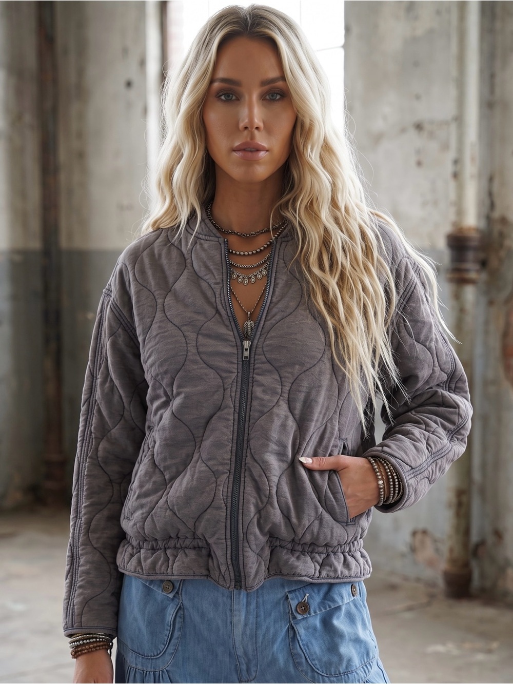 NWT Easel Boho Vintage Washed Denim Color Quilted Bomber Jacket - Picture 2 of 6